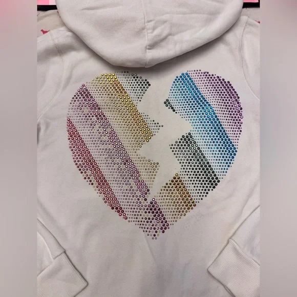 VS PINK VINTAGE Y2K FULL ZIP HOODIE WHITE RAINBOW BLING LOVE BROKEN HEART RARE M - Picture 4 of 11